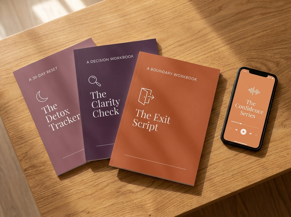 The three printed workbooks and The Confidence Series audio on a phone