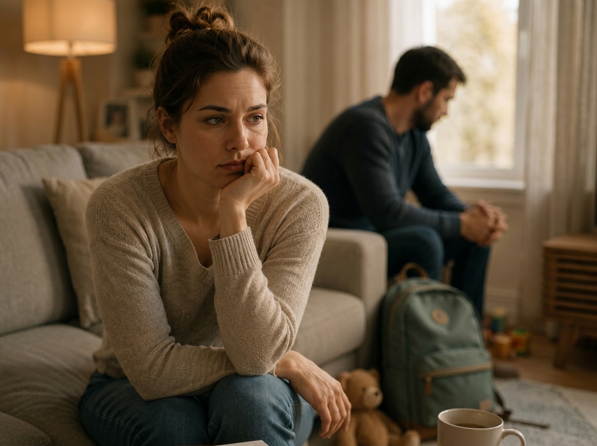 A woman sitting apart on the couch, hurt, while he looks away
